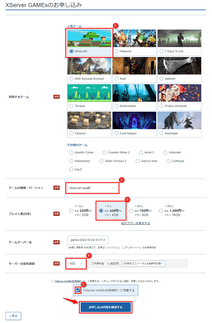 画像：Xserver GAMEsのお申し込み（入力後）