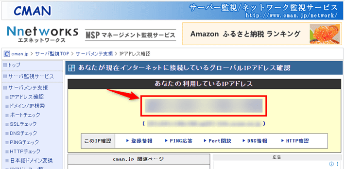 画像:「IPアドレス確認ページ」