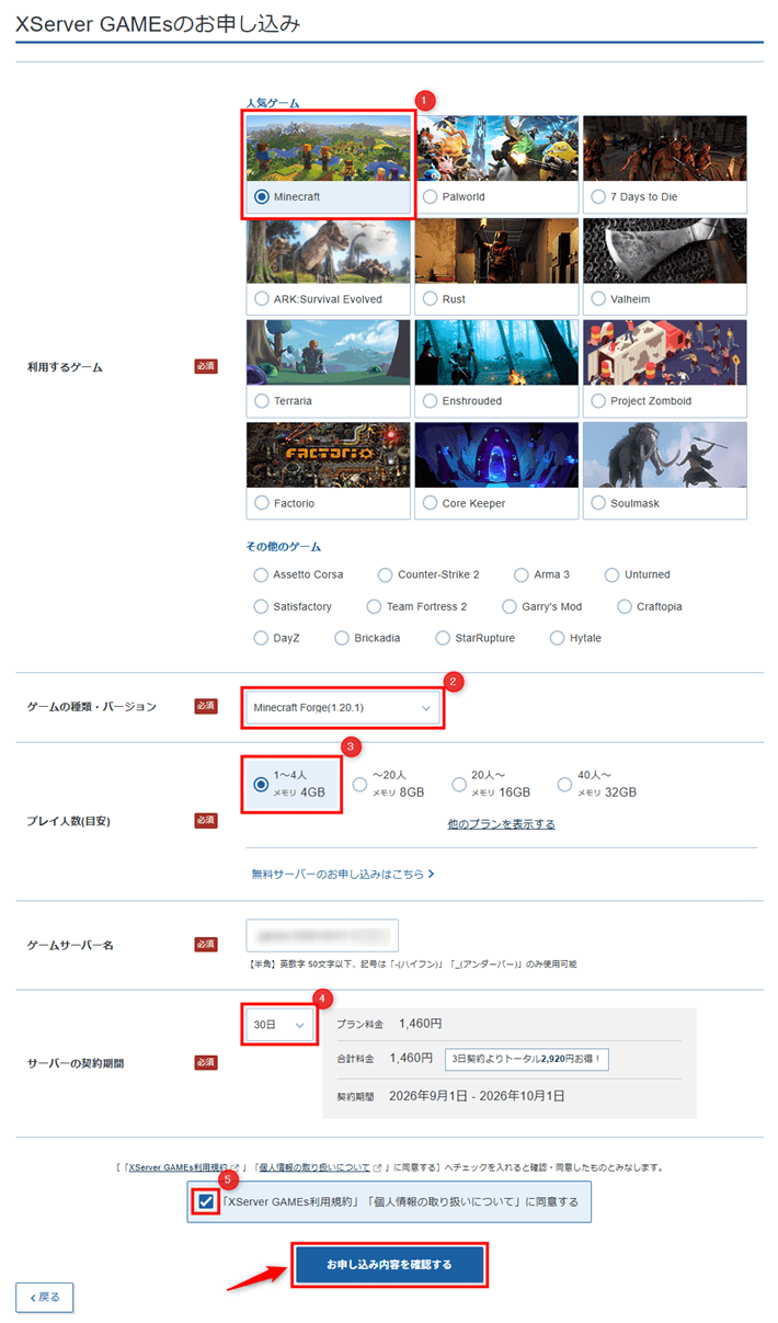 画像：XServer GAMEsのお申し込み（入力後）