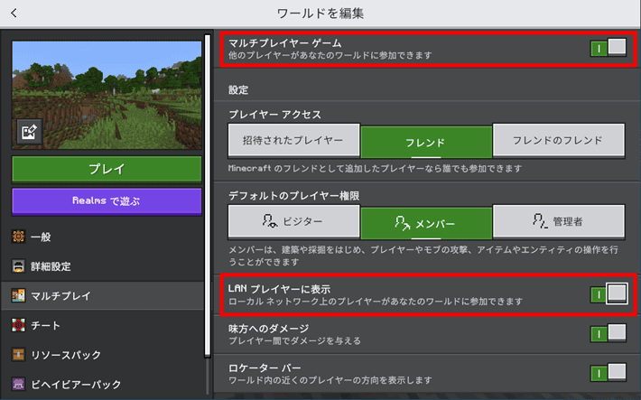 画像:「マルチプレイヤー ゲーム」と「LAN プレイヤーに表示」の設定を確認する
