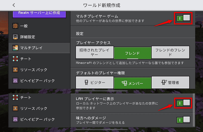 画像：「マルチプレイヤーゲーム」「LANプレイヤーに表示」をONにする