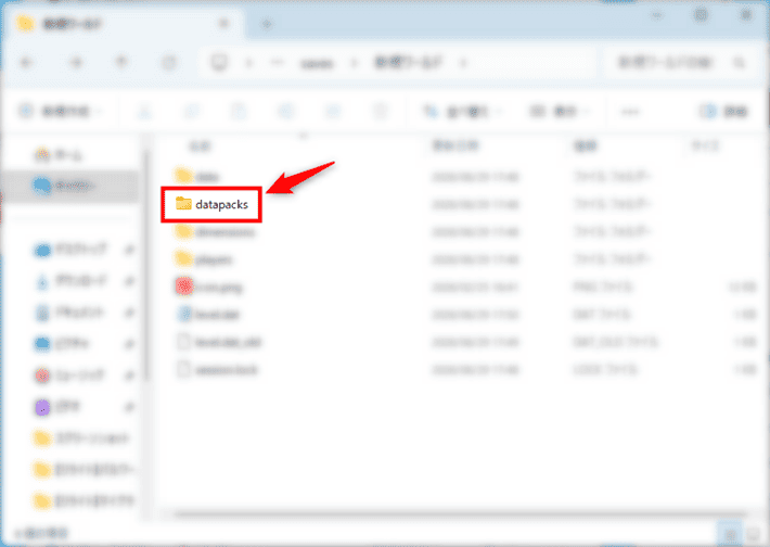 画像：「datapacks」フォルダを開く