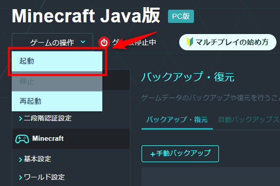 画像：サーバーを起動する