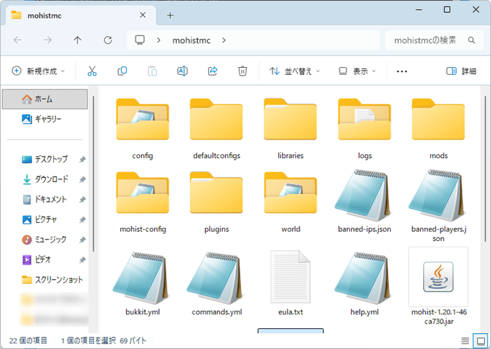 画像：「mohistmc」フォルダ（初回起動後）
