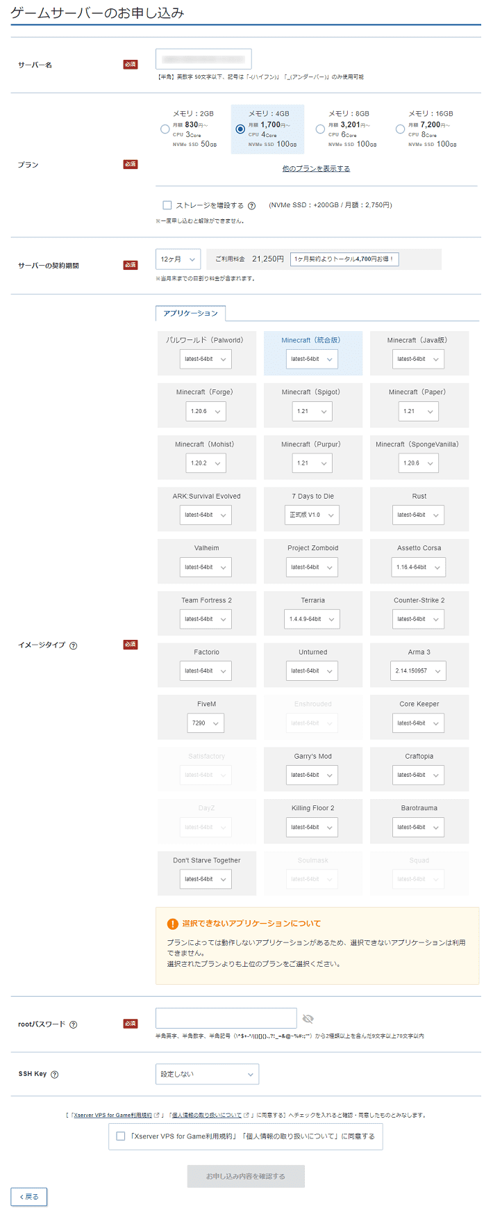 画像：ゲームサーバーのお申し込み（入力前）