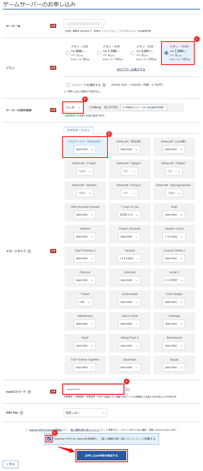 画像：ゲームサーバーのお申し込み（入力後）