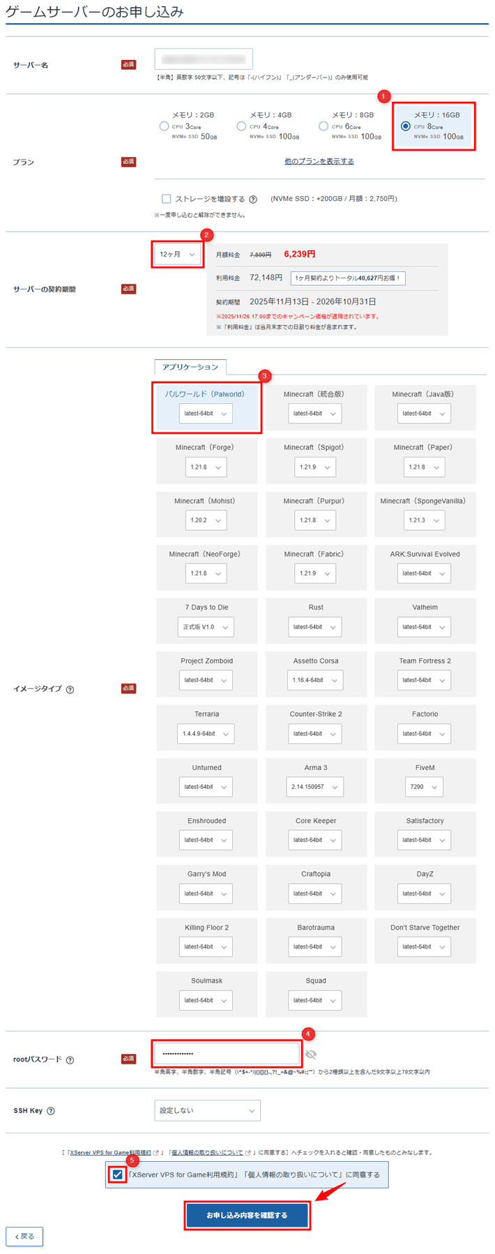 画像:ゲームサーバーのお申し込み(入力後)