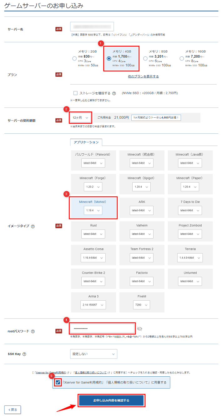 画像：ゲームサーバーのお申し込み画面（入力後）