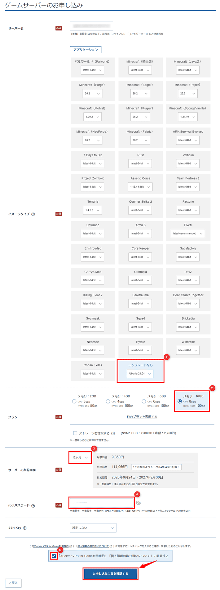 画像:「XServer VPS for Game利用規約」「個人情報の取り扱いについて」にチェックを入れる